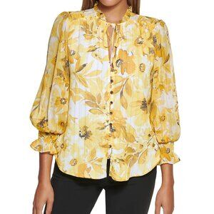 DKNY Yellow Floral Textured Blouse - XL